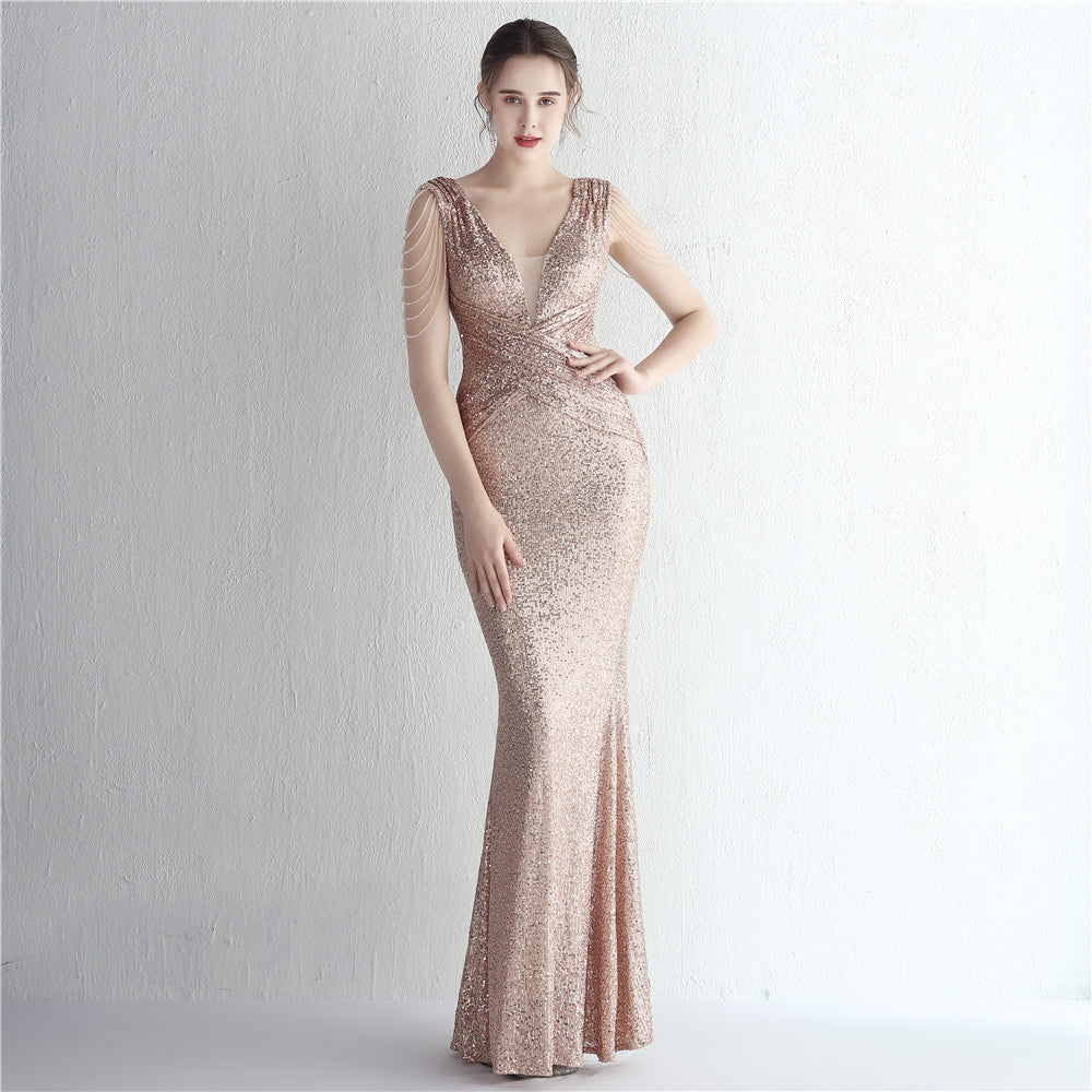 New Sequined Ladies Banquet Temperament Shows The Figure Long Sequined Aura Queen Dinner Fishtail Skirt