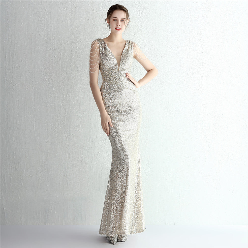 New Sequined Ladies Banquet Temperament Shows The Figure Long Sequined Aura Queen Dinner Fishtail Skirt