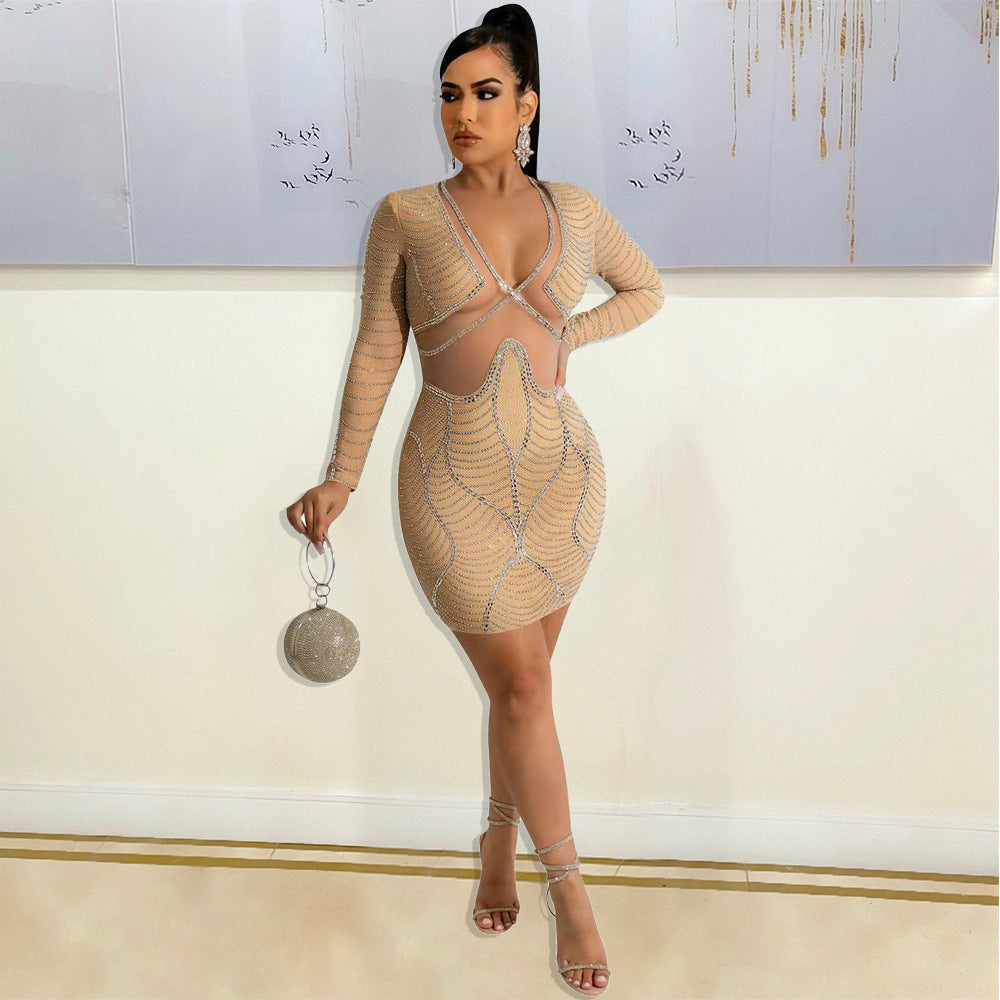 Fashion Sexy V-Neck Hot Diamond Dinner Party Bag Hip Perspective Dress Nightclub Style