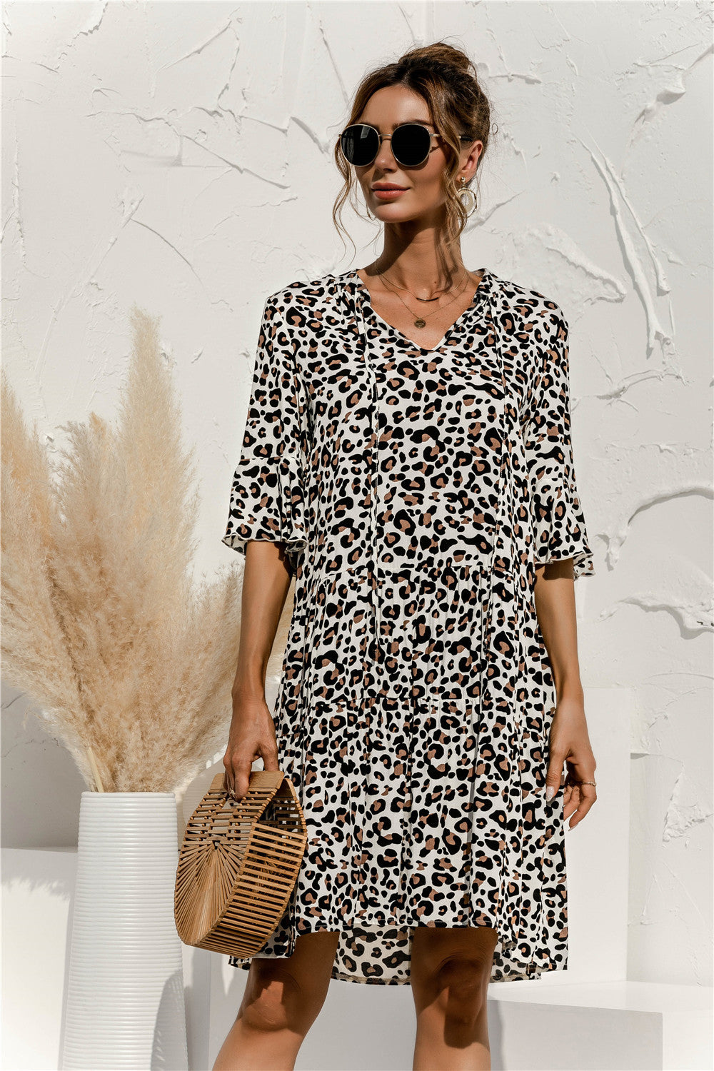Spring And Summer New V-Neck Trumpet Sleeve Leopard Print Dress