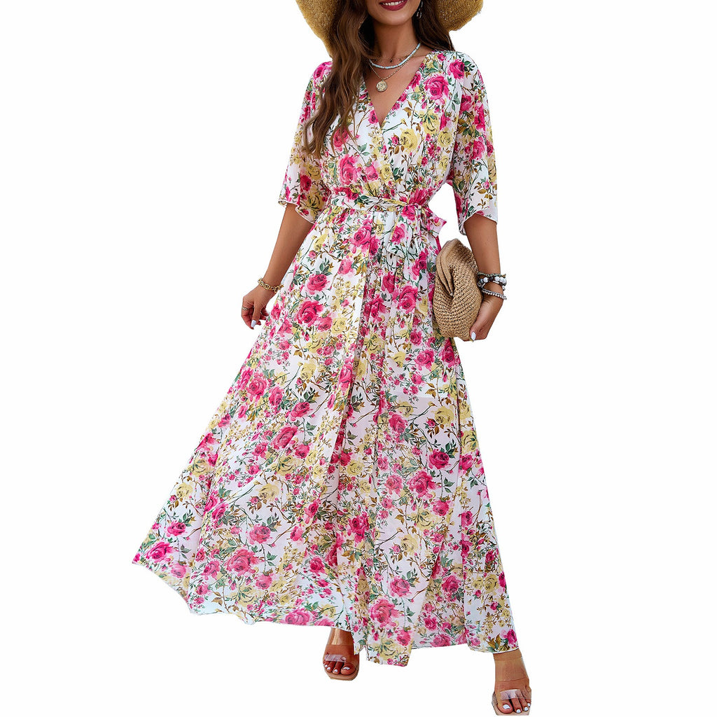 Ladies' elegant spring and summer temperament printed waist cinching dress