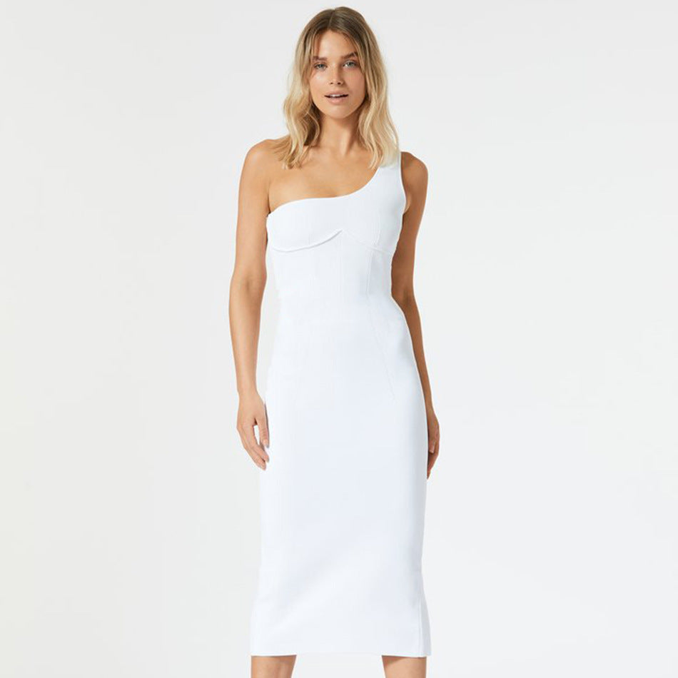New Cocktail Party Dinner Party Ladies Dress Solid Color Slanted Shoulder Yellow Single Shoulder Sleeveless Back Slit Bandage Skirt