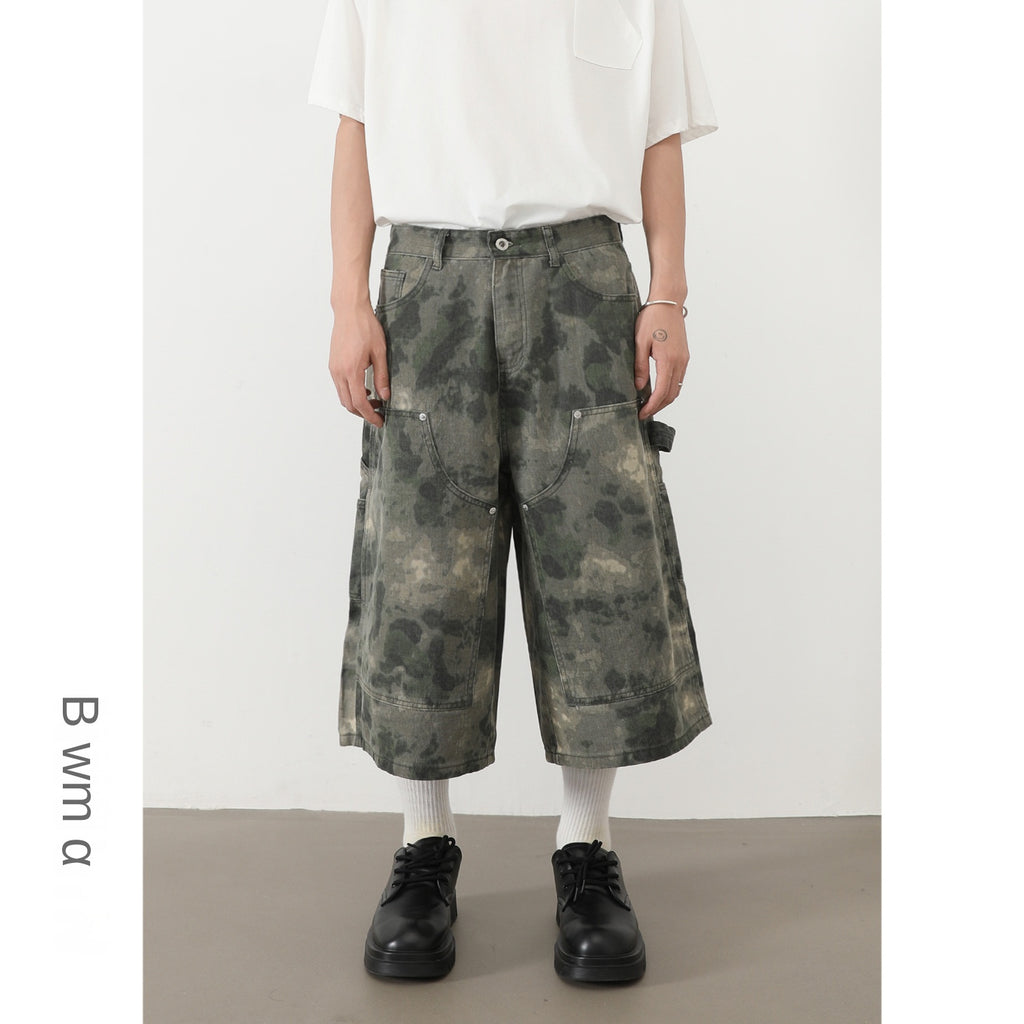 Retro Fog Dye Camouflage Three-Quarter Pants Men's Loose Straight Casual Work Shorts