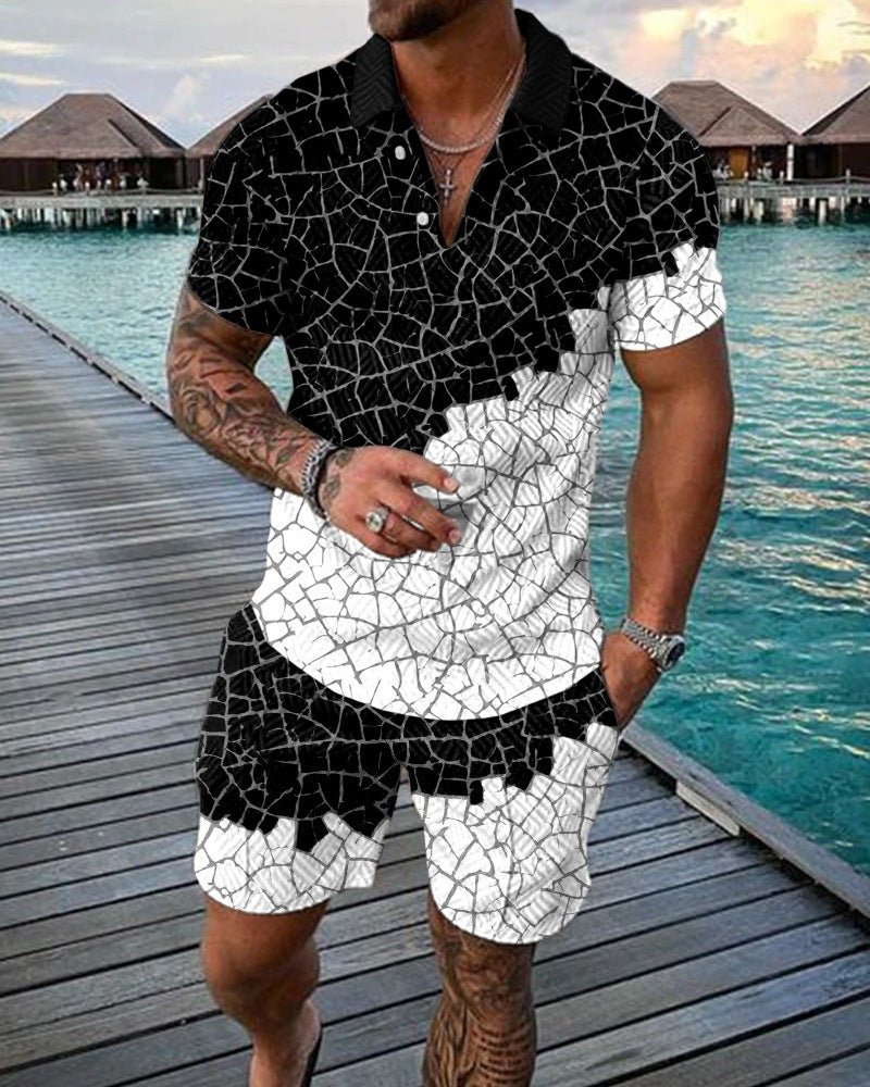 New Men's Fashion Casual Suit 3D Print Zip Short Sleeve Polo Shirt Shorts 2 Piece Set