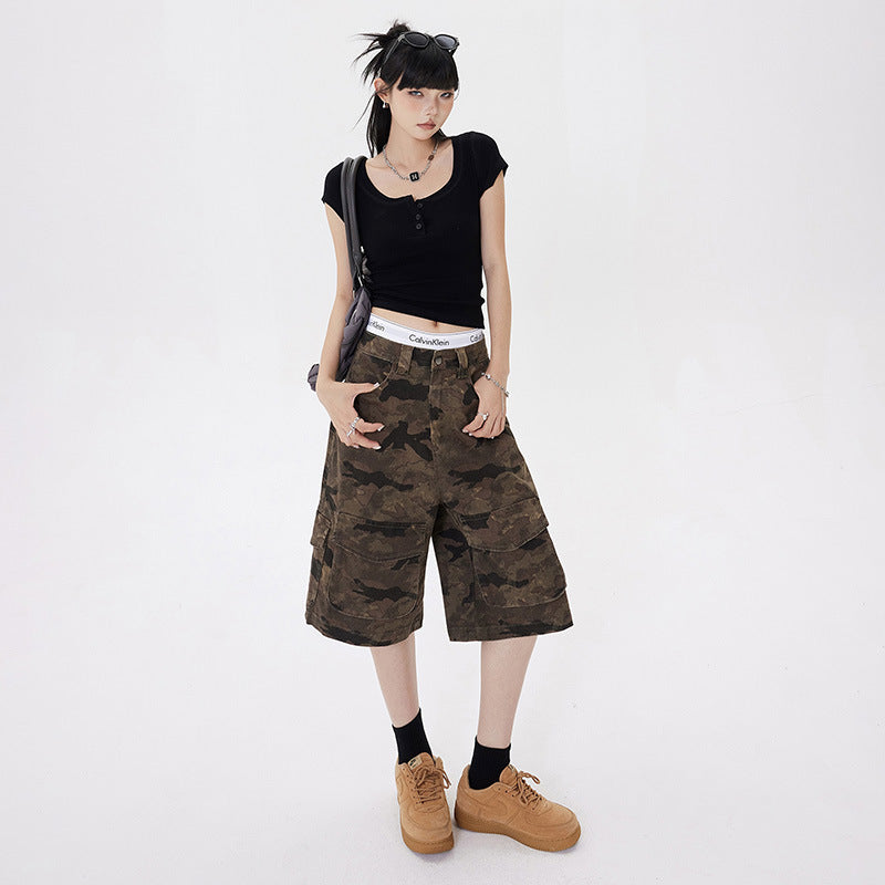 Women's High-Waist Wide-Leg Camouflage Shorts Multi-Pocket Work Pants Denim Pants