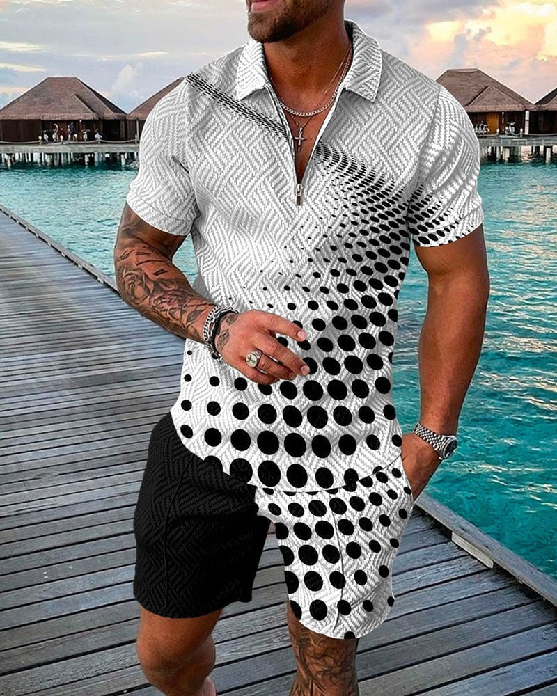New Men's Fashion Casual Suit 3D Print Zip Short Sleeve Polo Shirt Shorts 2 Piece Set