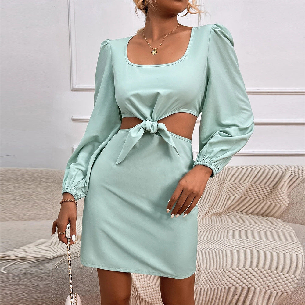 New Cropped Navel Square-Neck Hip Skirt Slim Fit All-Match Bow Tie Dress Solid Color 2 Piece Set