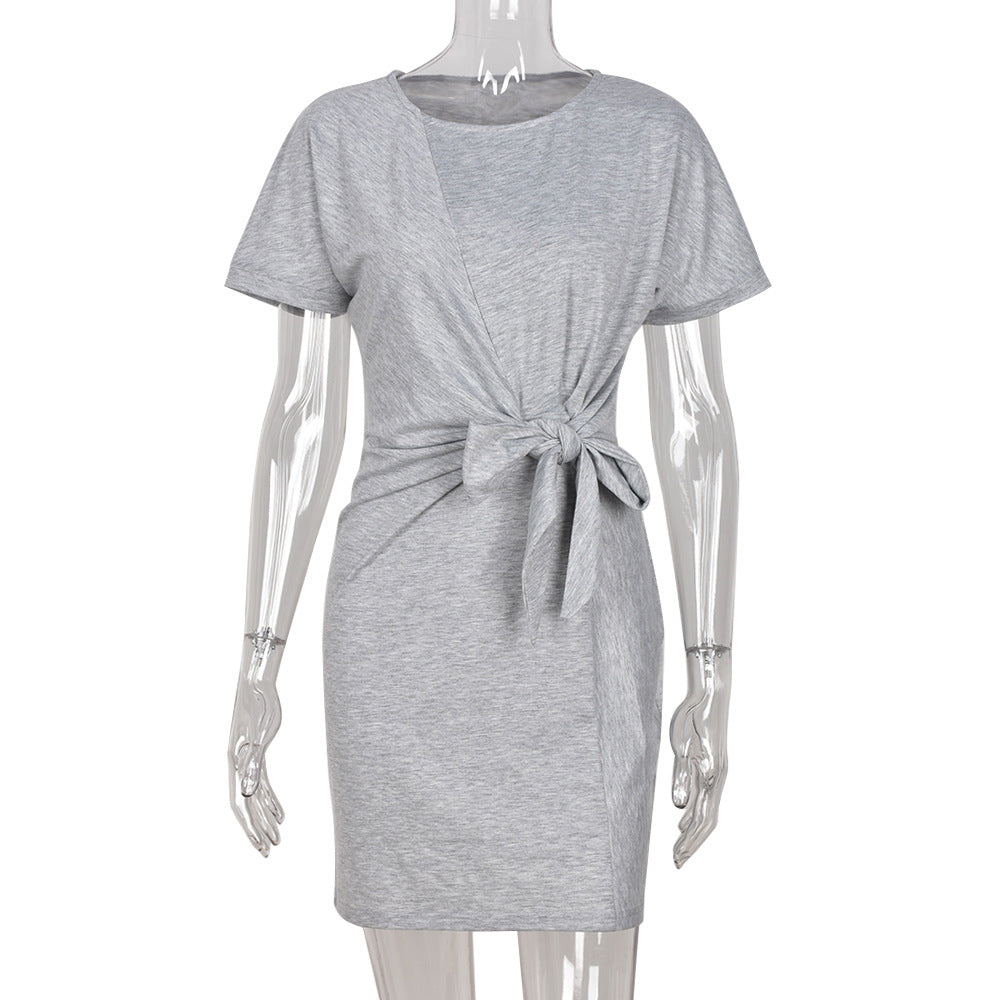 Summer New Round Neck Slim Belt Short Sleeve Dress Women