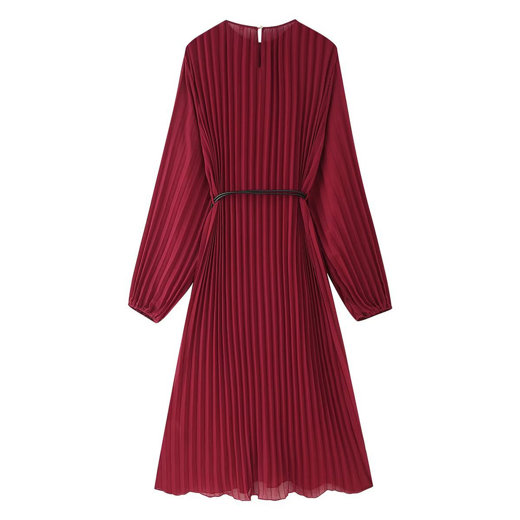 Summer pleated loose and fashionable solid color temperament belt long dress