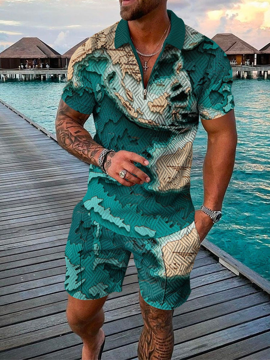 New Men's Fashion Casual Suit 3D Print Zip Short Sleeve Polo Shirt Shorts 2 Piece Set