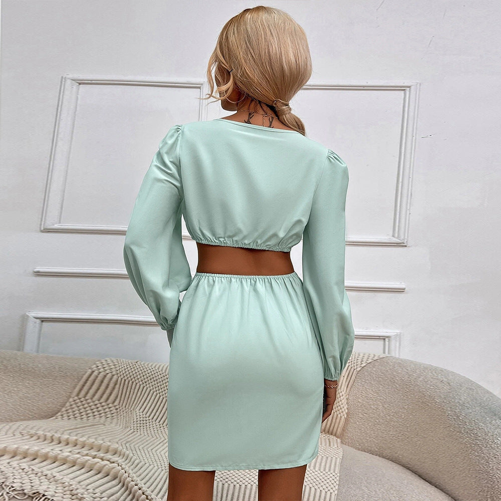 New Cropped Navel Square-Neck Hip Skirt Slim Fit All-Match Bow Tie Dress Solid Color 2 Piece Set