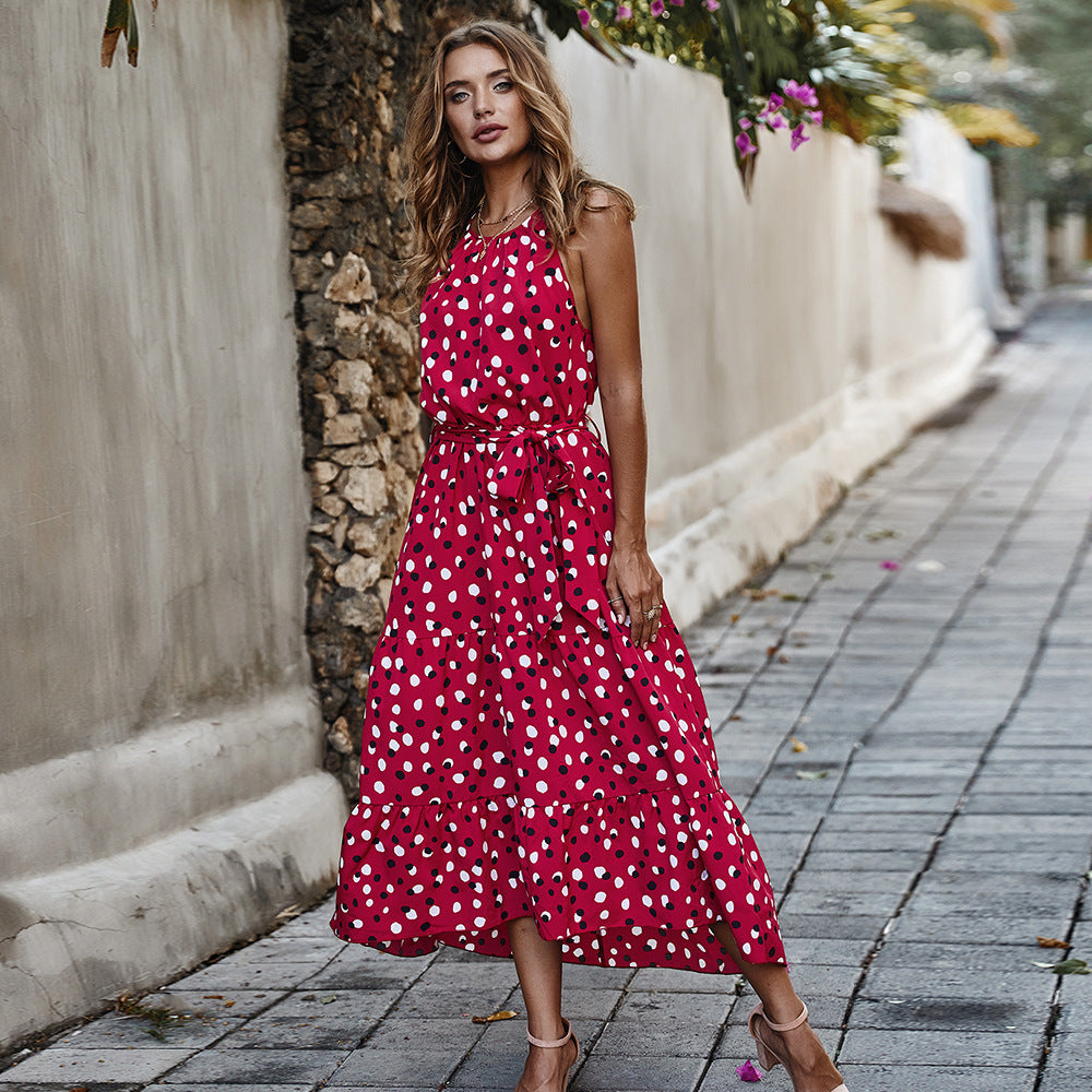 Summer New Sleeveless Polka Dot Holiday Style Long Temperament Dress