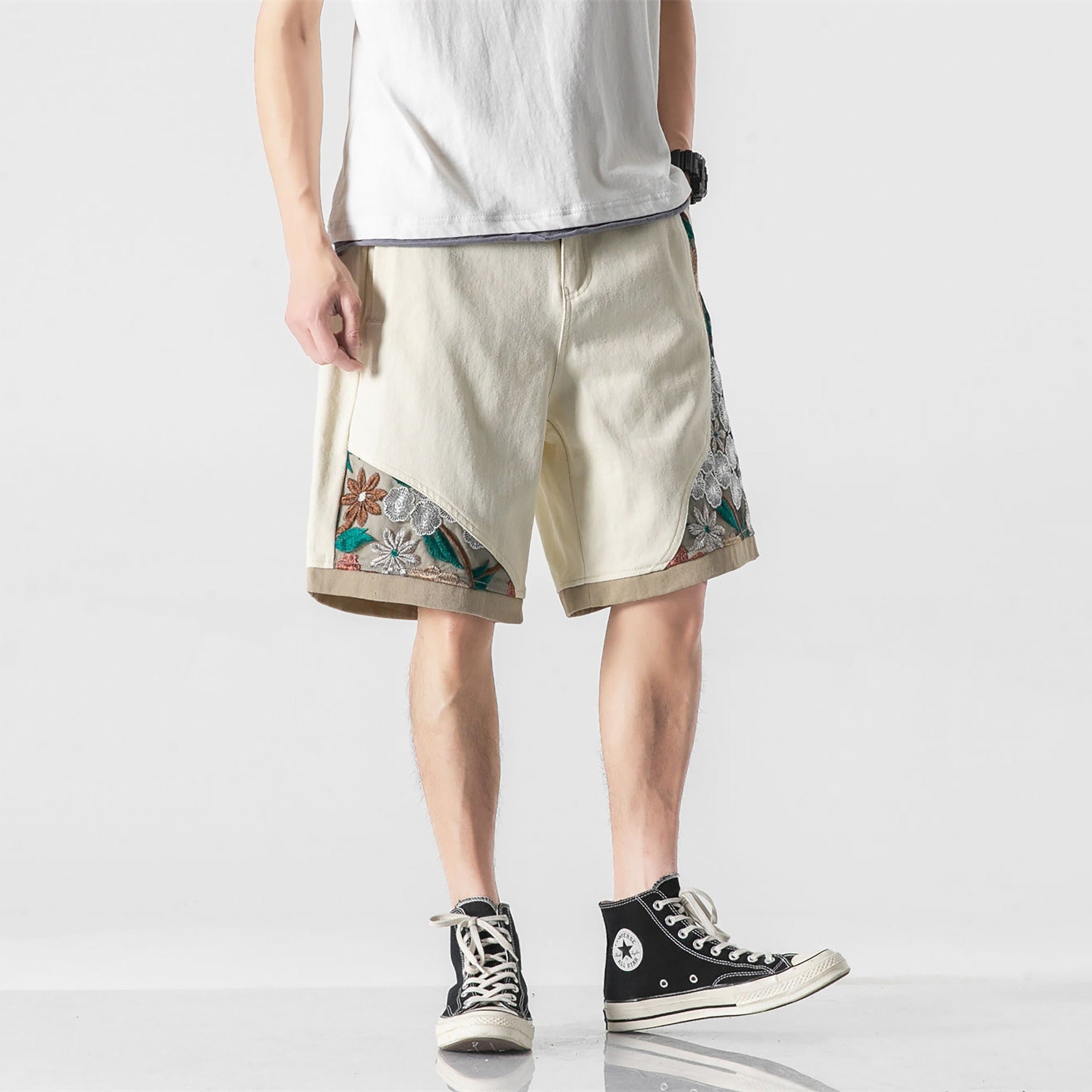 Retro Chinese style embroidered work shorts men's trendy street loose wide-leg casual all-match ins lace shorts