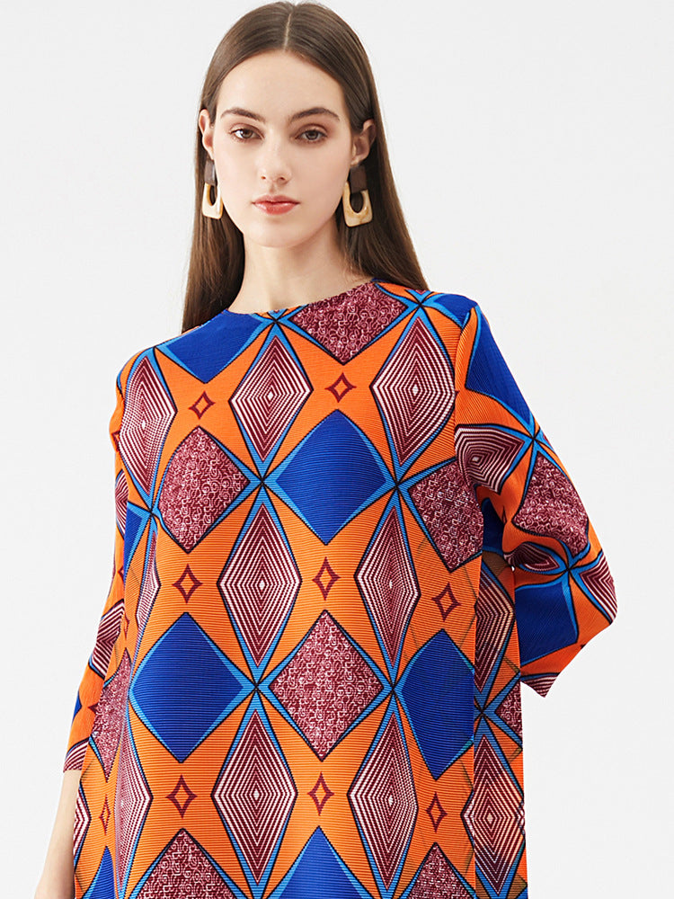 Spring And Summer New Beauty Print Contrast Long Pleated Dress
