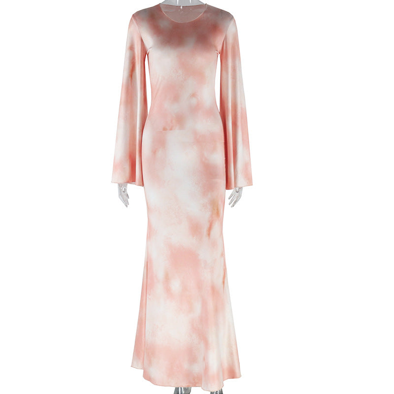 Round neck dress with printed flared sleeves Dress