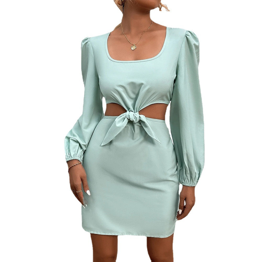 New Cropped Navel Square-Neck Hip Skirt Slim Fit All-Match Bow Tie Dress Solid Color 2 Piece Set