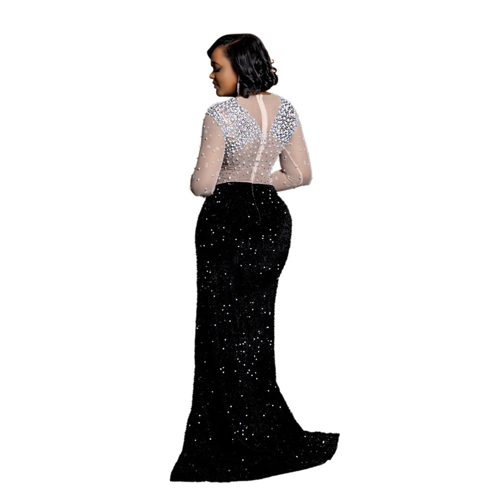Round neck high slit dress formal dress