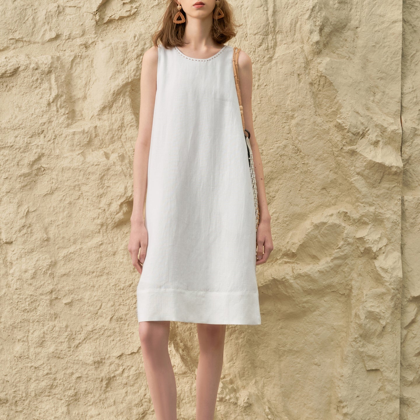Unique Design Handmade Beaded Dress Women's Summer Tencel Linen Strapless Dress Pure Color A-Line Dress