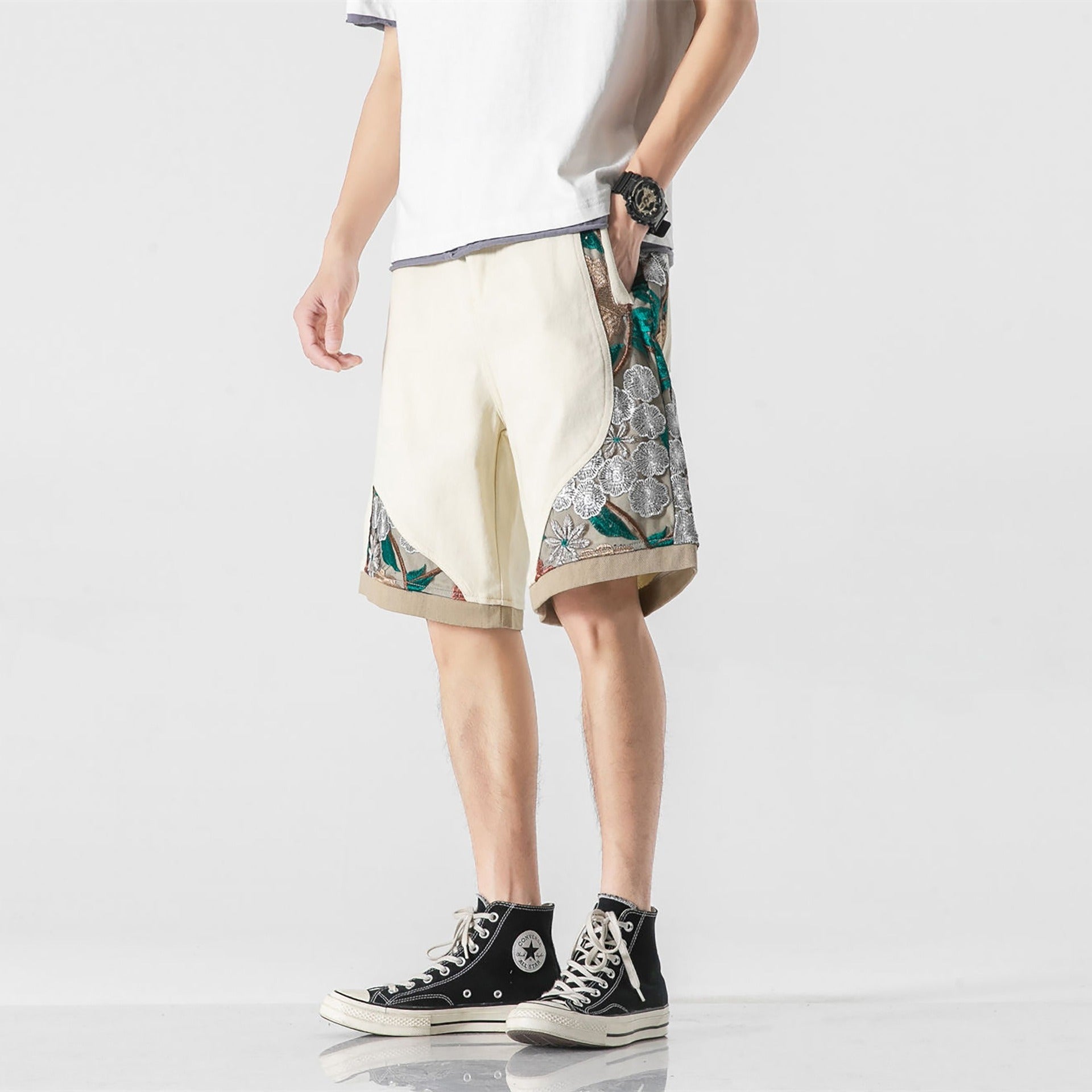 Retro Chinese style embroidered work shorts men's trendy street loose wide-leg casual all-match ins lace shorts