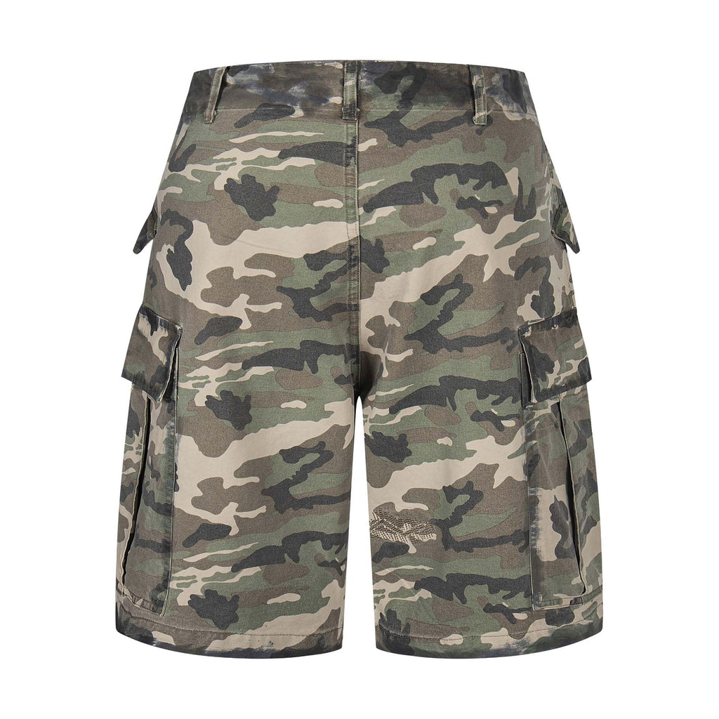 Retro Topstitching Multi-Pocket Denim Work Shorts Unisex Loose Wide-Leg Five-Point Pants