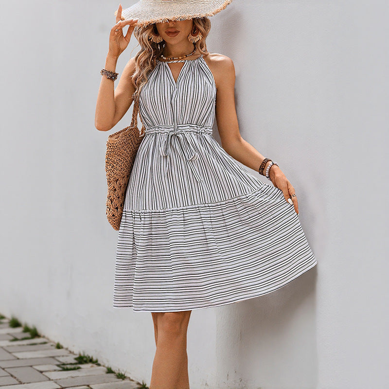 Summer European and American women's suspender striped dress