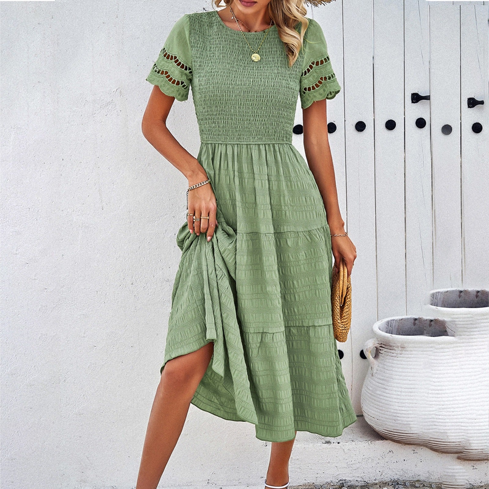 Spring and summer pure color temperament play sheath hollow dress
