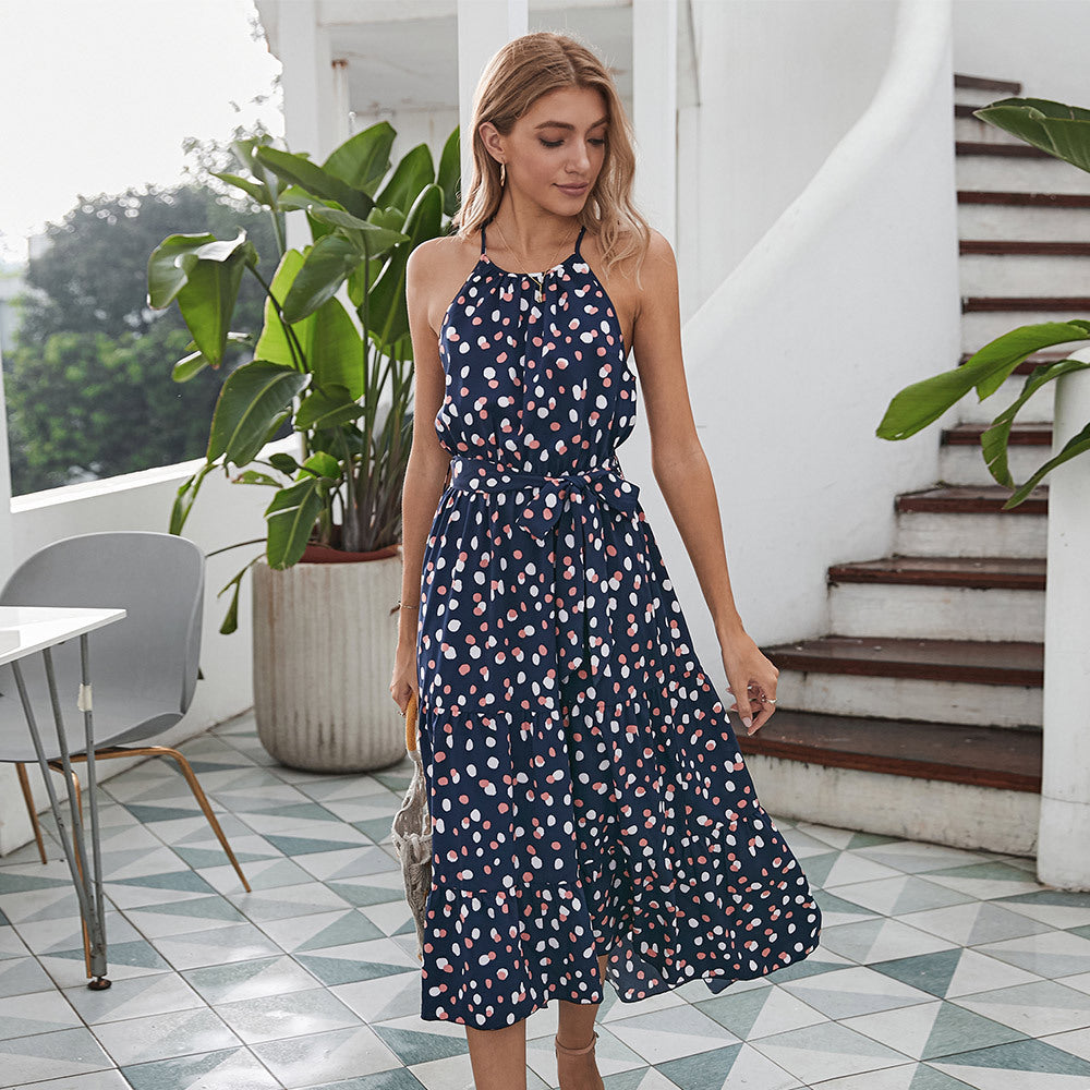 Summer New Sleeveless Polka Dot Holiday Style Long Temperament Dress
