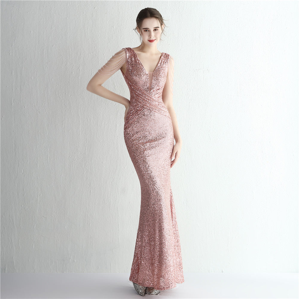 New Sequined Ladies Banquet Temperament Shows The Figure Long Sequined Aura Queen Dinner Fishtail Skirt