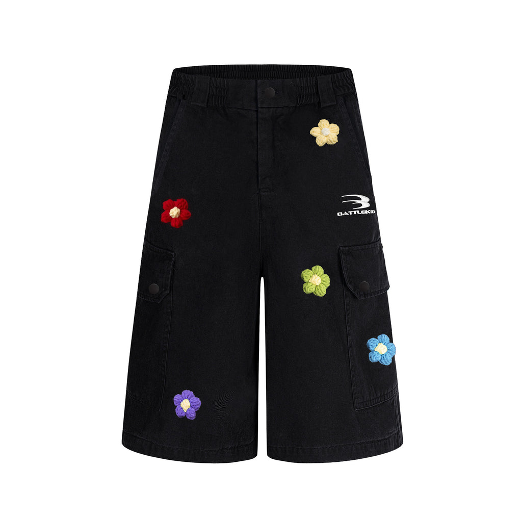 Multi-Pocket Floral Embroidery Seven-Point Work Denim Shorts for Men Loose Casual Wide-Leg Pants