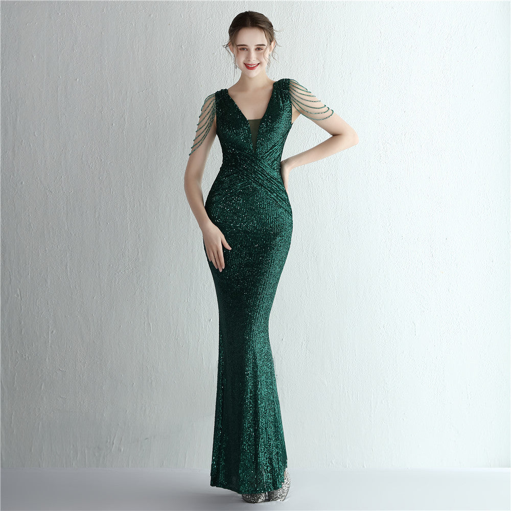 New Sequined Ladies Banquet Temperament Shows The Figure Long Sequined Aura Queen Dinner Fishtail Skirt