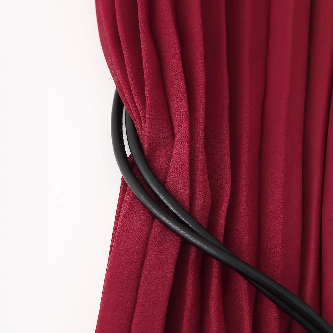 Summer pleated loose and fashionable solid color temperament belt long dress