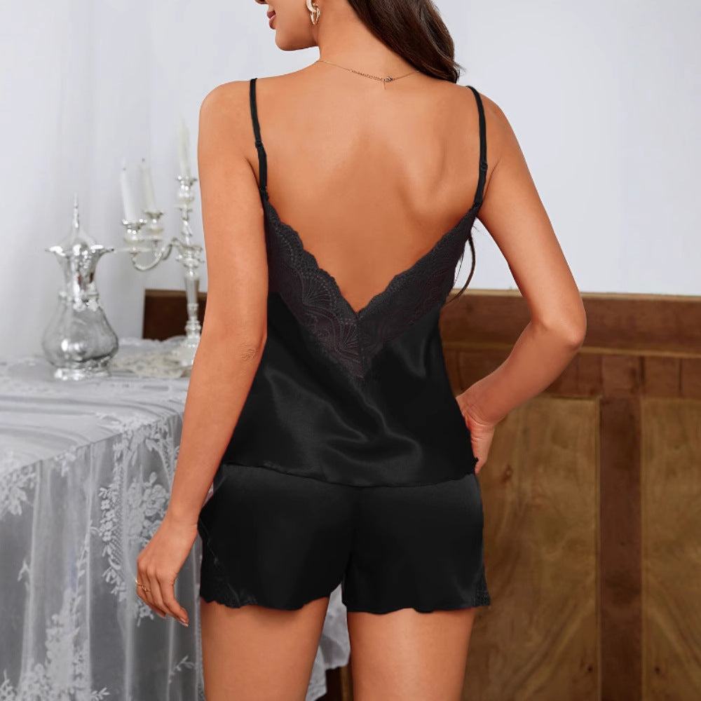 Women's Sleepwear Set - Short Strap Lace Shorts Thin Silk-Like Material