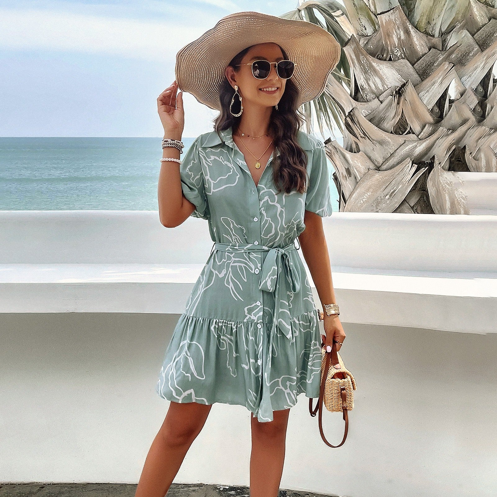 Dress with elegant spring and summer temperament, printed short sleeved dress