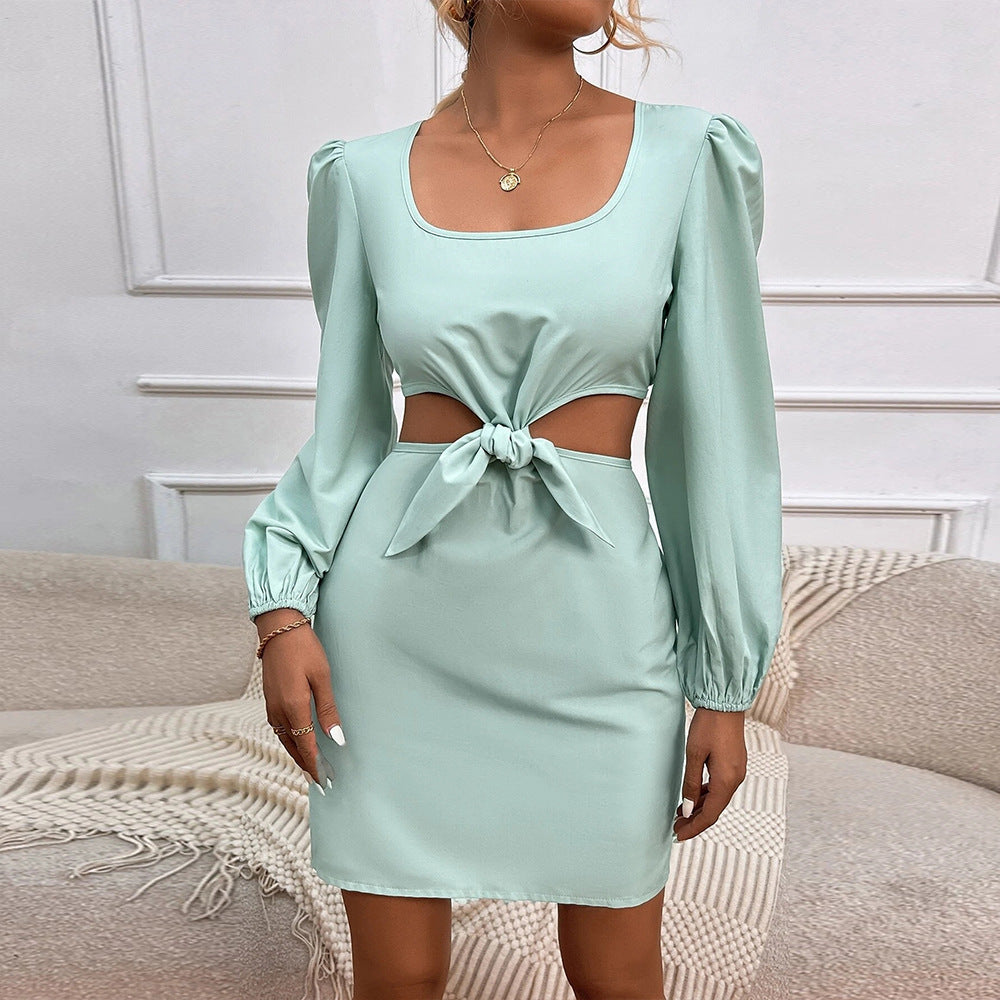 New Cropped Navel Square-Neck Hip Skirt Slim Fit All-Match Bow Tie Dress Solid Color 2 Piece Set