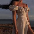 Summer Women's Puff Sleeves Solid Color Lace-Up High Slit Long Dress Summer Dress