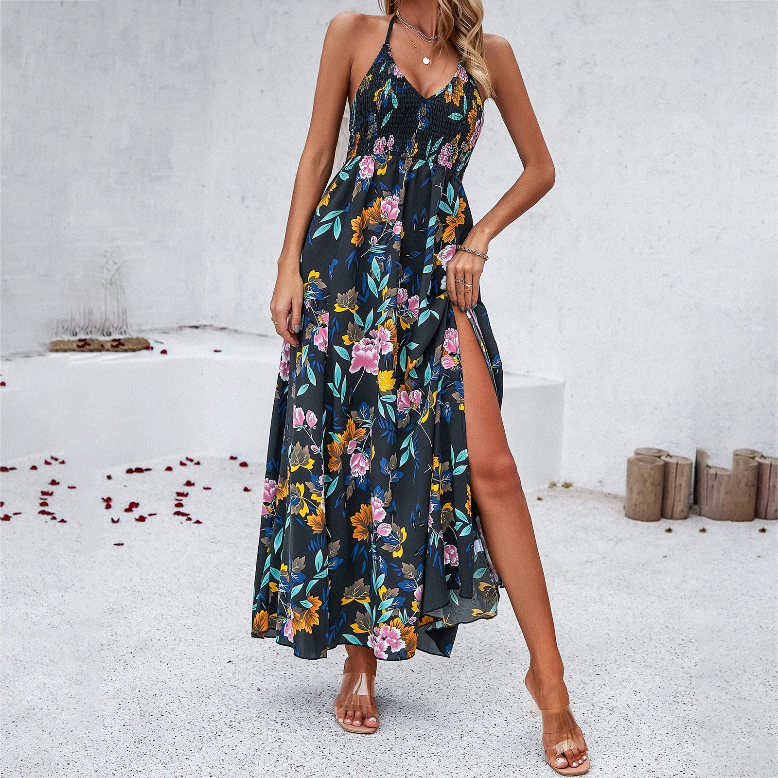 Dress for spring and summer leisure vacation printed suspender dress