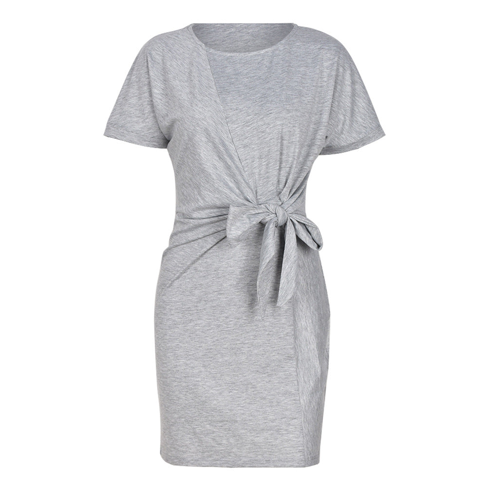Summer New Round Neck Slim Belt Short Sleeve Dress Women
