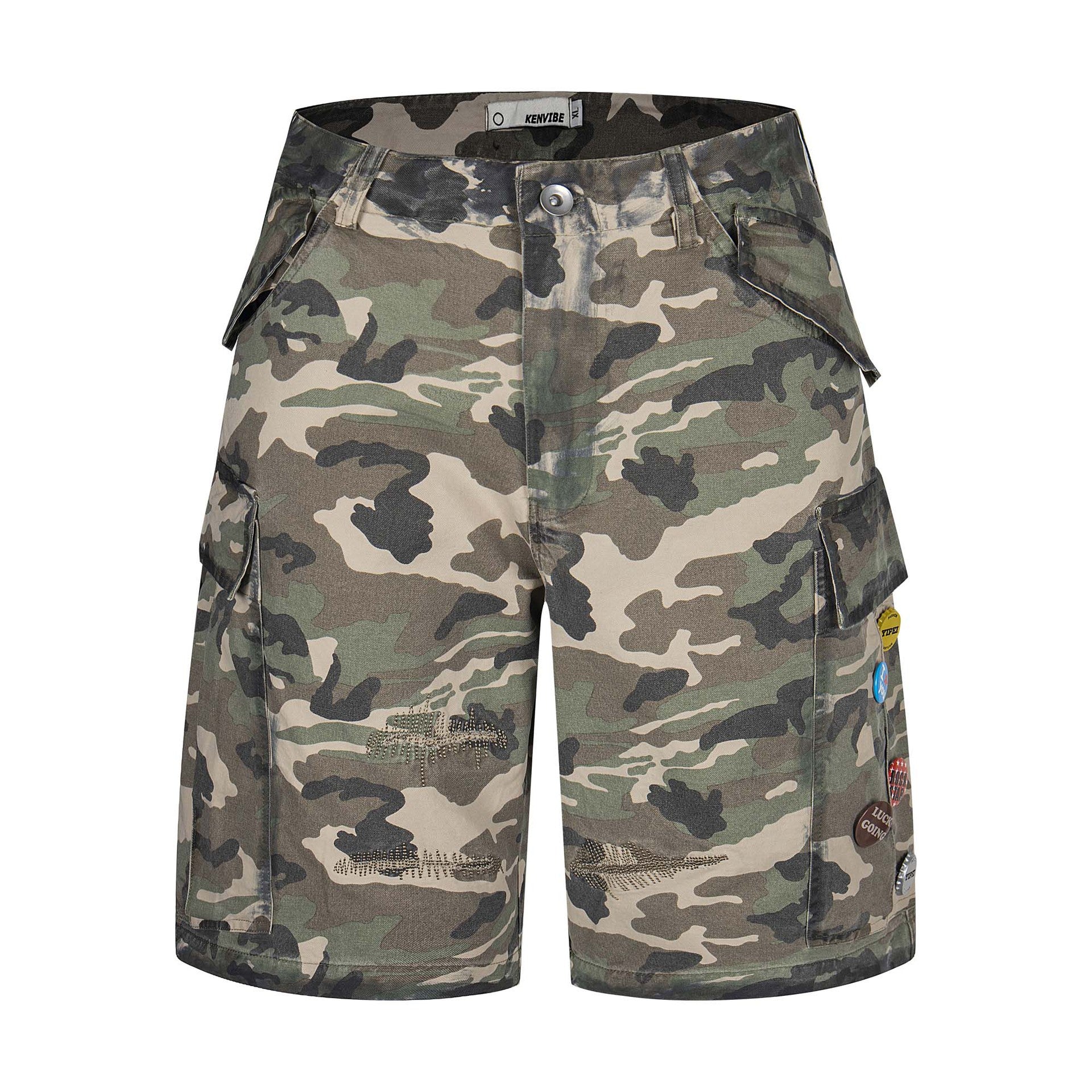 Retro Topstitching Multi-Pocket Denim Work Shorts Unisex Loose Wide-Leg Five-Point Pants