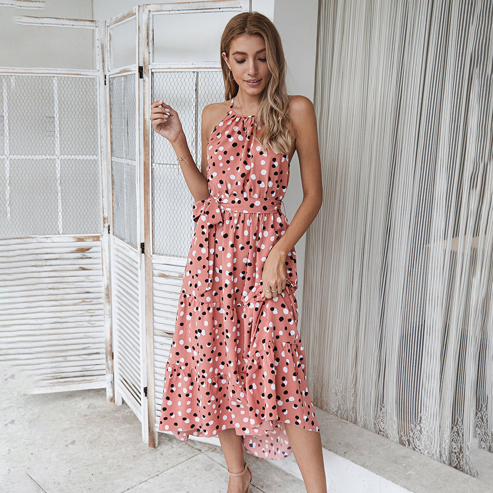 Summer New Sleeveless Polka Dot Holiday Style Long Temperament Dress
