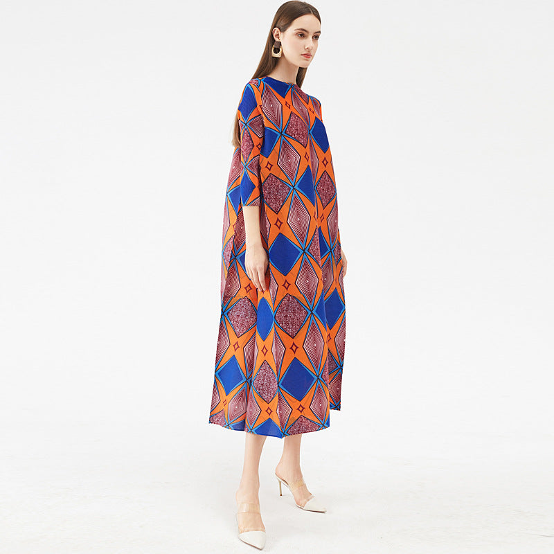 Spring And Summer New Beauty Print Contrast Long Pleated Dress