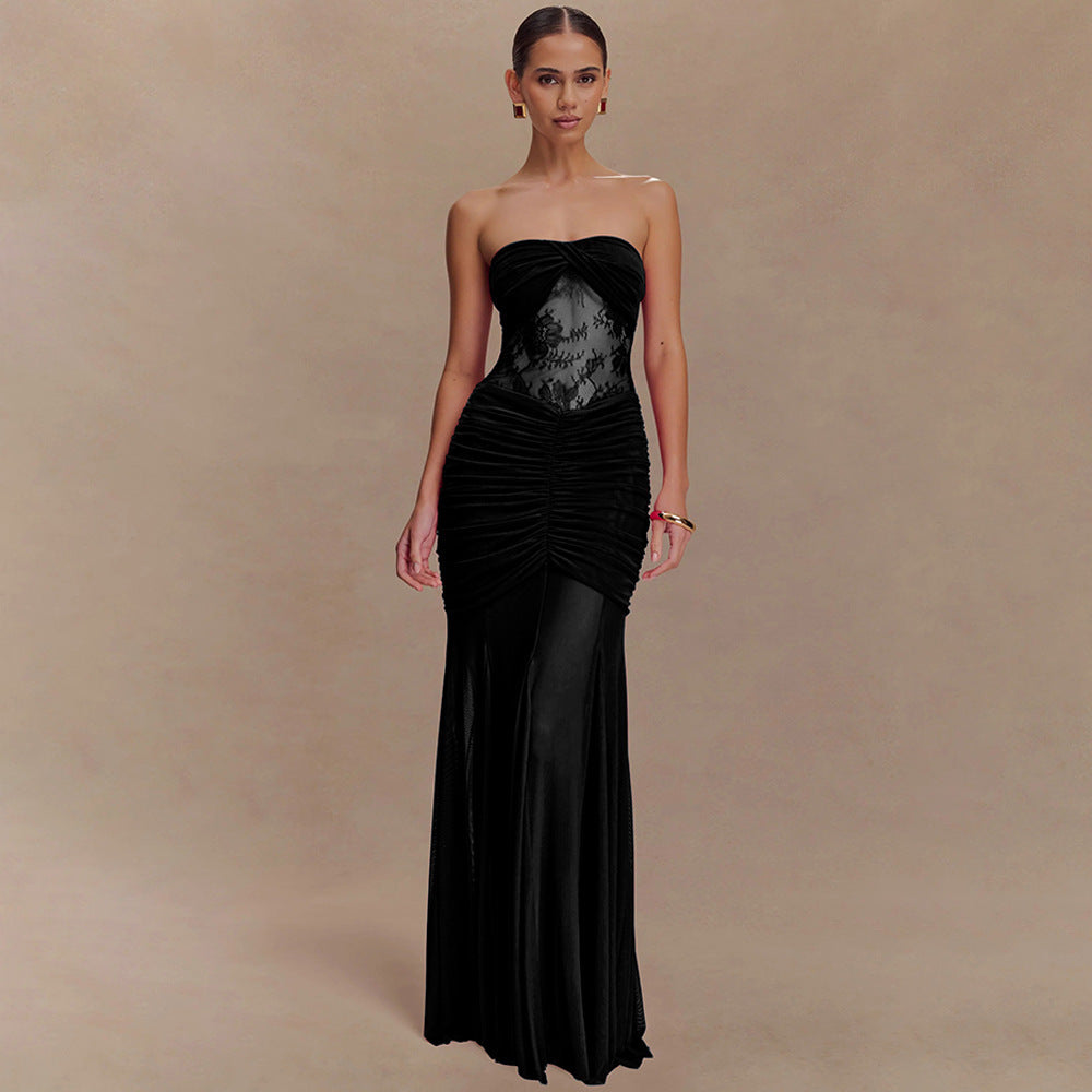 Women's strapless long dress with pleated perspective dress