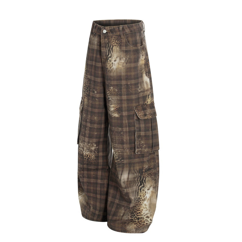 Plaid leopard print curved knife work pants