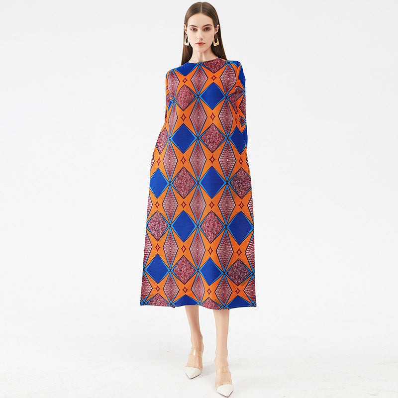 Spring And Summer New Beauty Print Contrast Long Pleated Dress