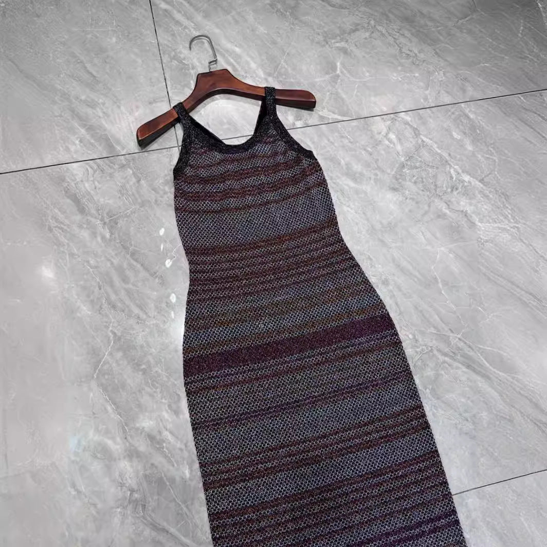 Summer elegant jacquard striped sleeveless knitted vest suspender dress