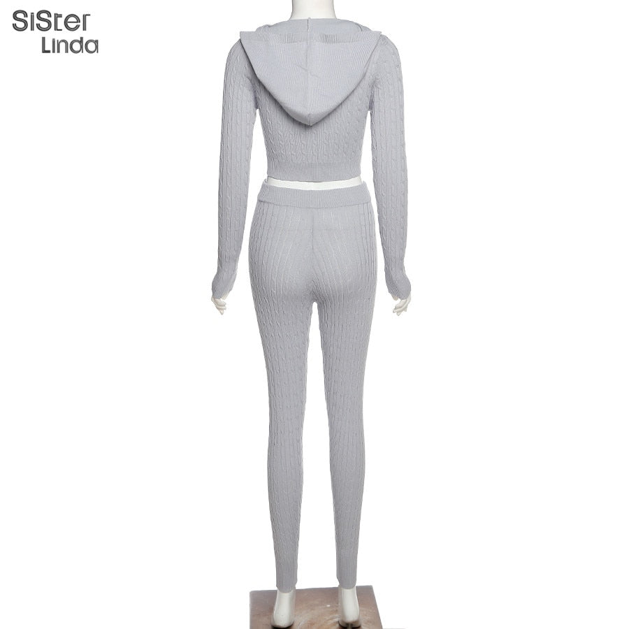 Sisterlinda Fashion Rib Knitted 2 Piece Sets Women Elasticity High Zipper Hoddies Sweatshirts Shinny Gym Leggings Joggers Outfit