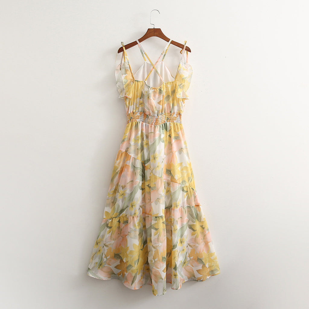 Spring And Summer New Women's Fashion Casual Chiffon Printed Suspender Dress