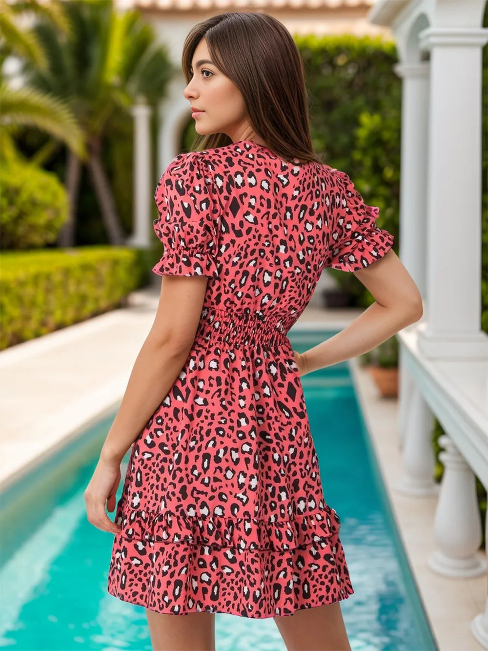 Fashionable printed color dress short sleeved dress