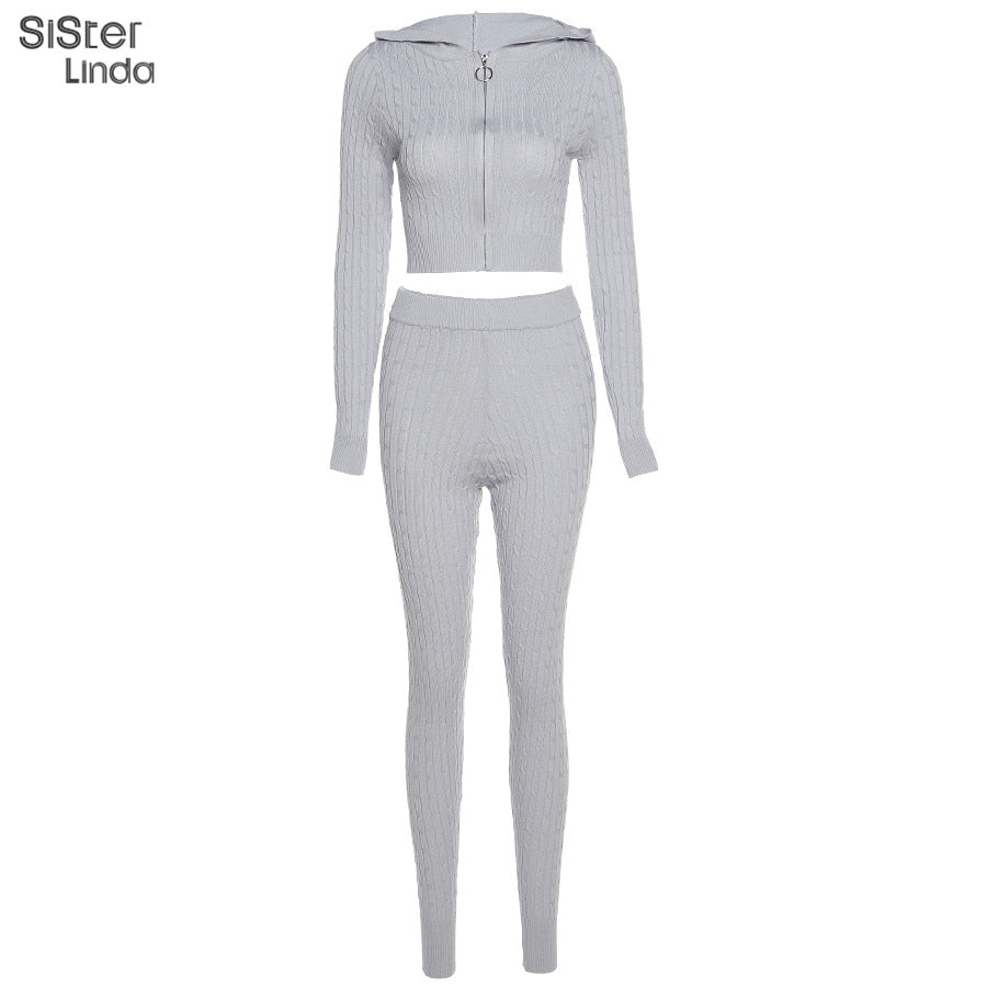 Sisterlinda Fashion Rib Knitted 2 Piece Sets Women Elasticity High Zipper Hoddies Sweatshirts Shinny Gym Leggings Joggers Outfit