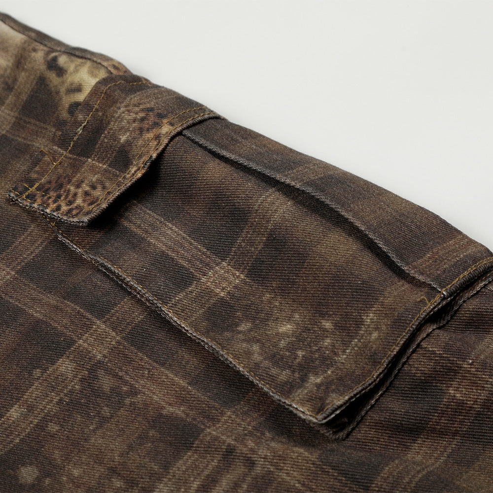 Plaid leopard print curved knife work pants