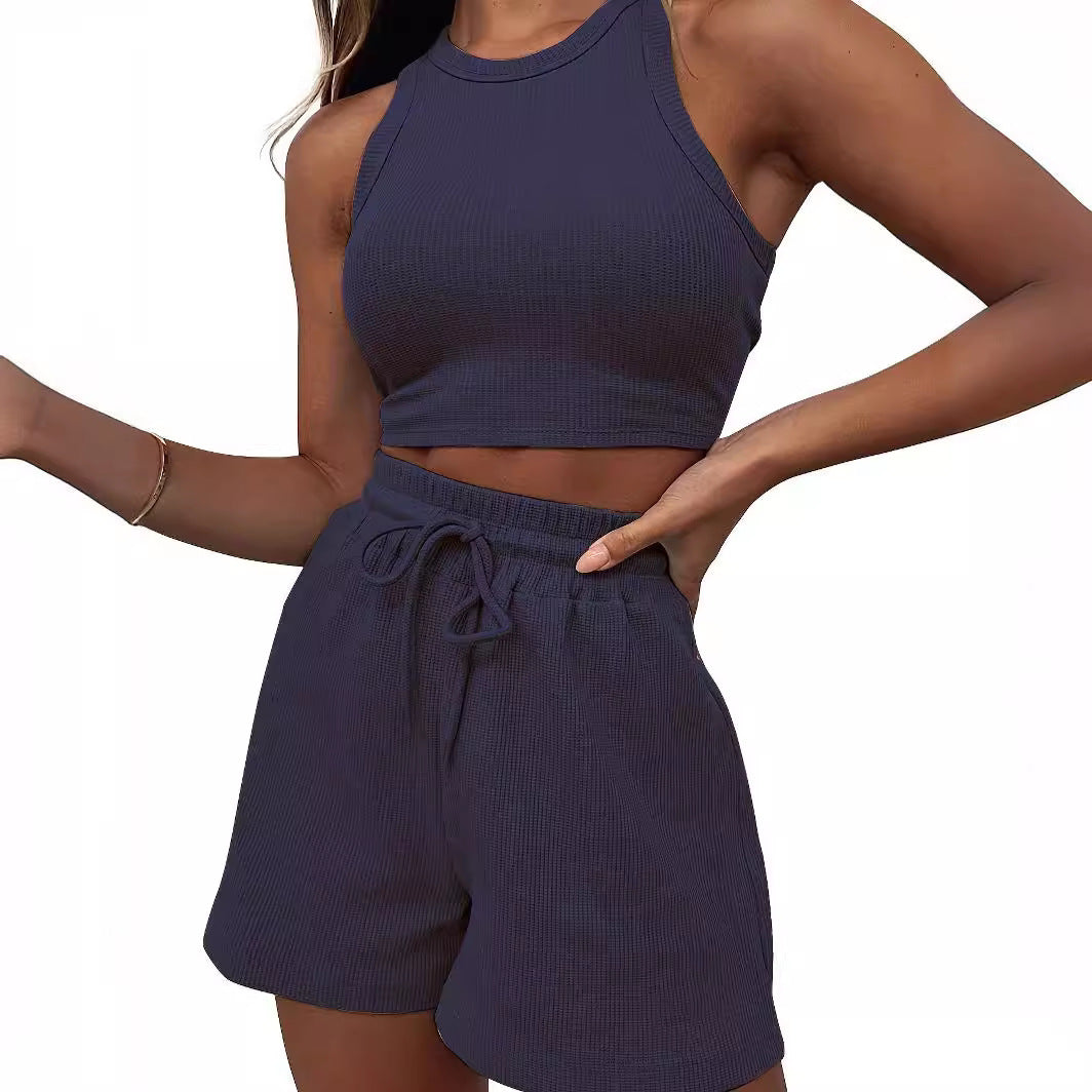 Casual Solid Color Sleeveless Waffle Knit Short Crop Top 2-Piece Set Women's Fashion Outfit